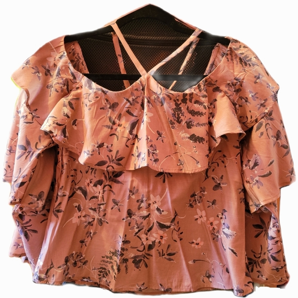Express XS Floral Criss Cross Off The Shoulder Flowy Flutter Long Sleeve…